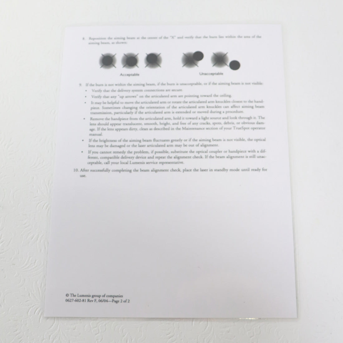 2004 Lumenis UltraScan Encore Laser Beam Alignment Quick Reference Guide Page