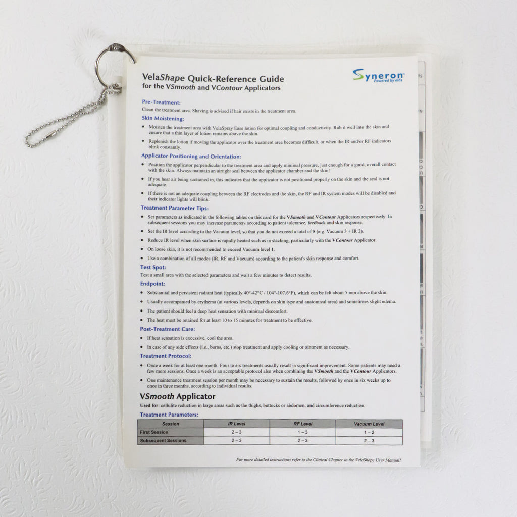 Syneron VelaShape Quick Reference Guide Cleaning Guideline Treatment Setting Set