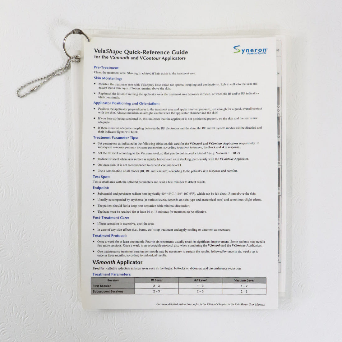Syneron VelaShape Quick Reference Guide Cleaning Guideline Treatment Setting Set