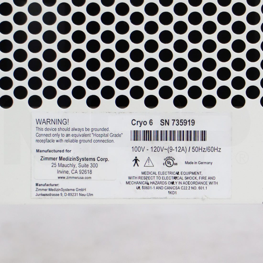 Zimmer Cryo 6 Patient Air Chiller Cooler Therapy System