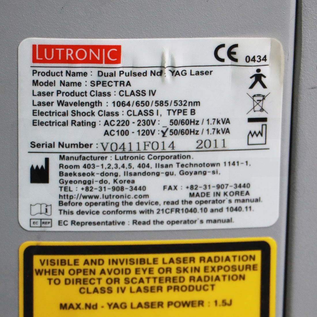 2011 Lutronic Spectra 532/585/650/1064nm Laser Skin Pigmentation System