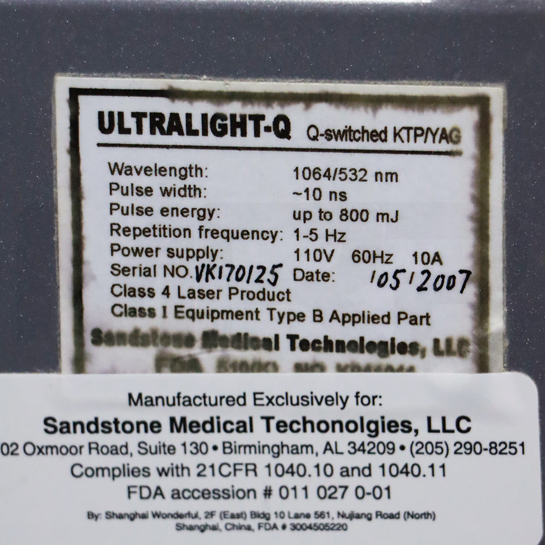 2007 Ellman Sandstone Medical Ultralight-Q Switch YAG Laser Tattoo Removal