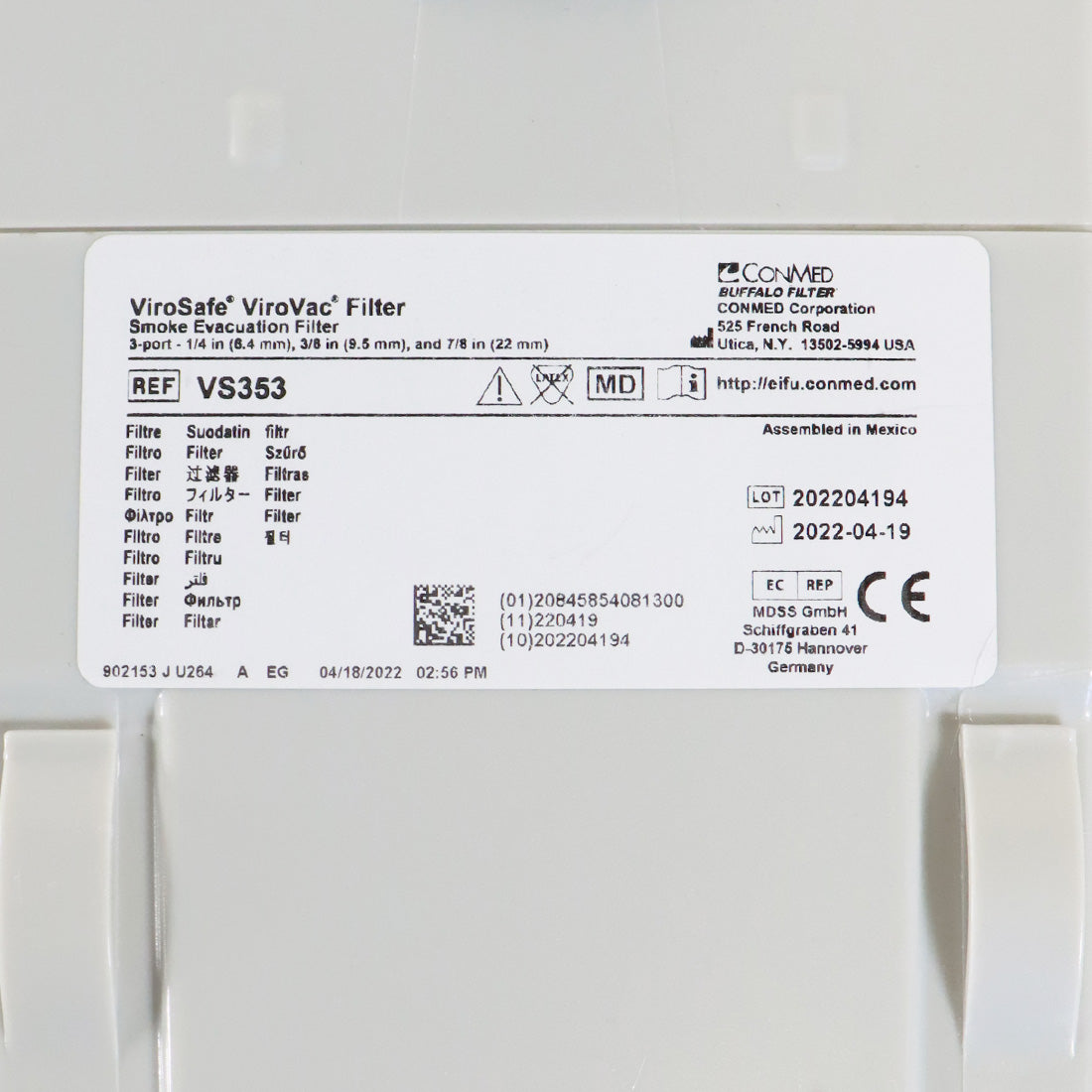 2022 Conmed ViroVac Surgical Smoke Evacuator ViroSafe Filter Buffalo Filter