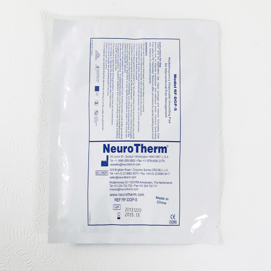 Thermi NeuroTherm RF Disposable Grounding Pad RF-DGP-S 1x Single EXP 11/2015