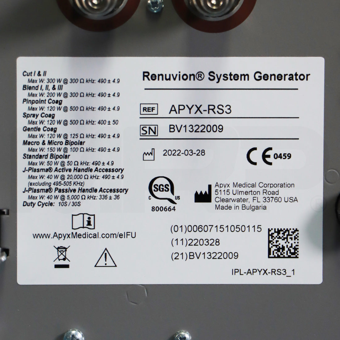 2022 Bovie Apyx Medical Apyx-RS3 Renuvion System Generator