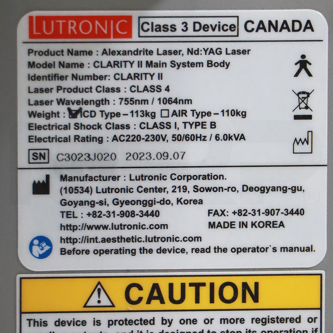 2023 Lutronic Clarity II 2 755/1064nm Dual Wavelength Laser Hair Removal HR Device