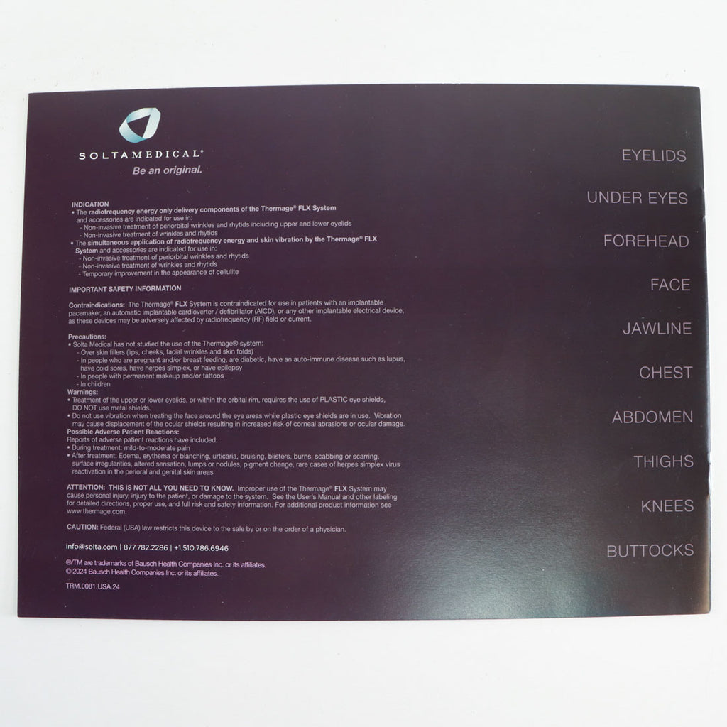 Solta Medical Thermage FLX RF Marketing Patient Booklet Back