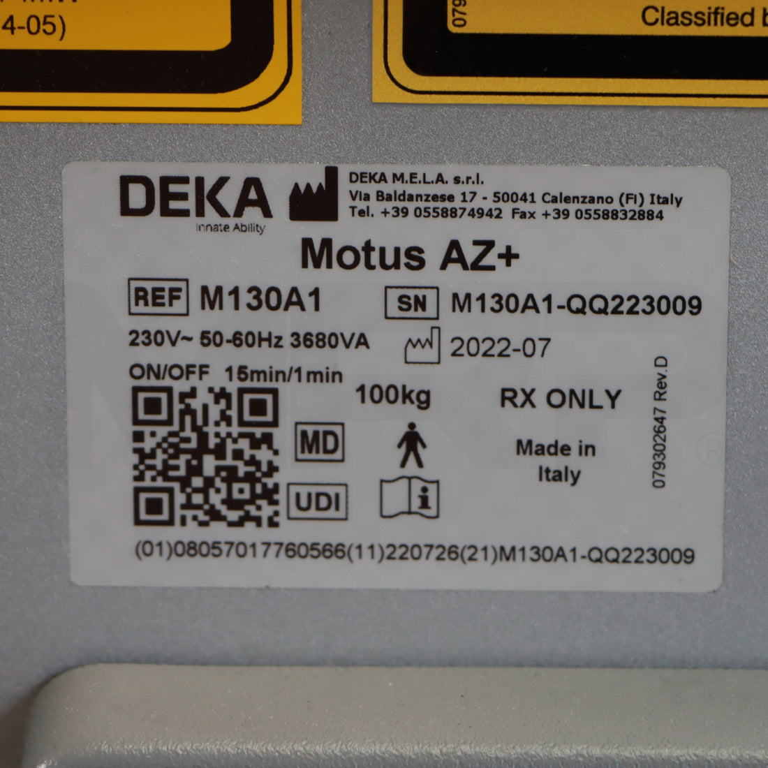 2022 DEKA Motus AZ+ Laser System Label