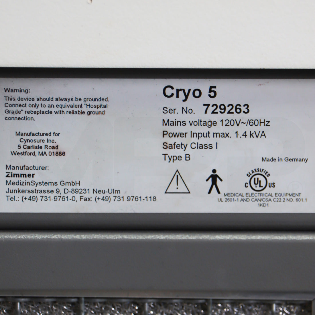 Zimmer Cryo 5 Patient Therapy Skin Treatment Air Chiller System