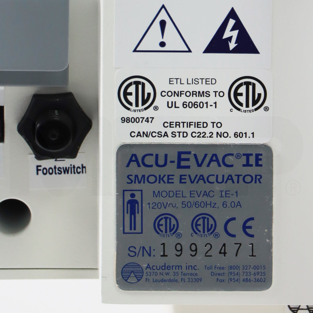 Acuderm Acu-Evac IE Cart Mount Surgical Smoke Evacuator