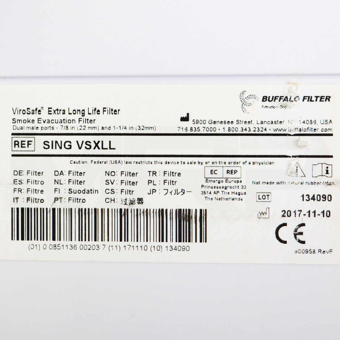 Buffalo Filter Porta PlumeSafe 604 PPS604 ViroSafe Filter Surgical Smoke Evacuation Device