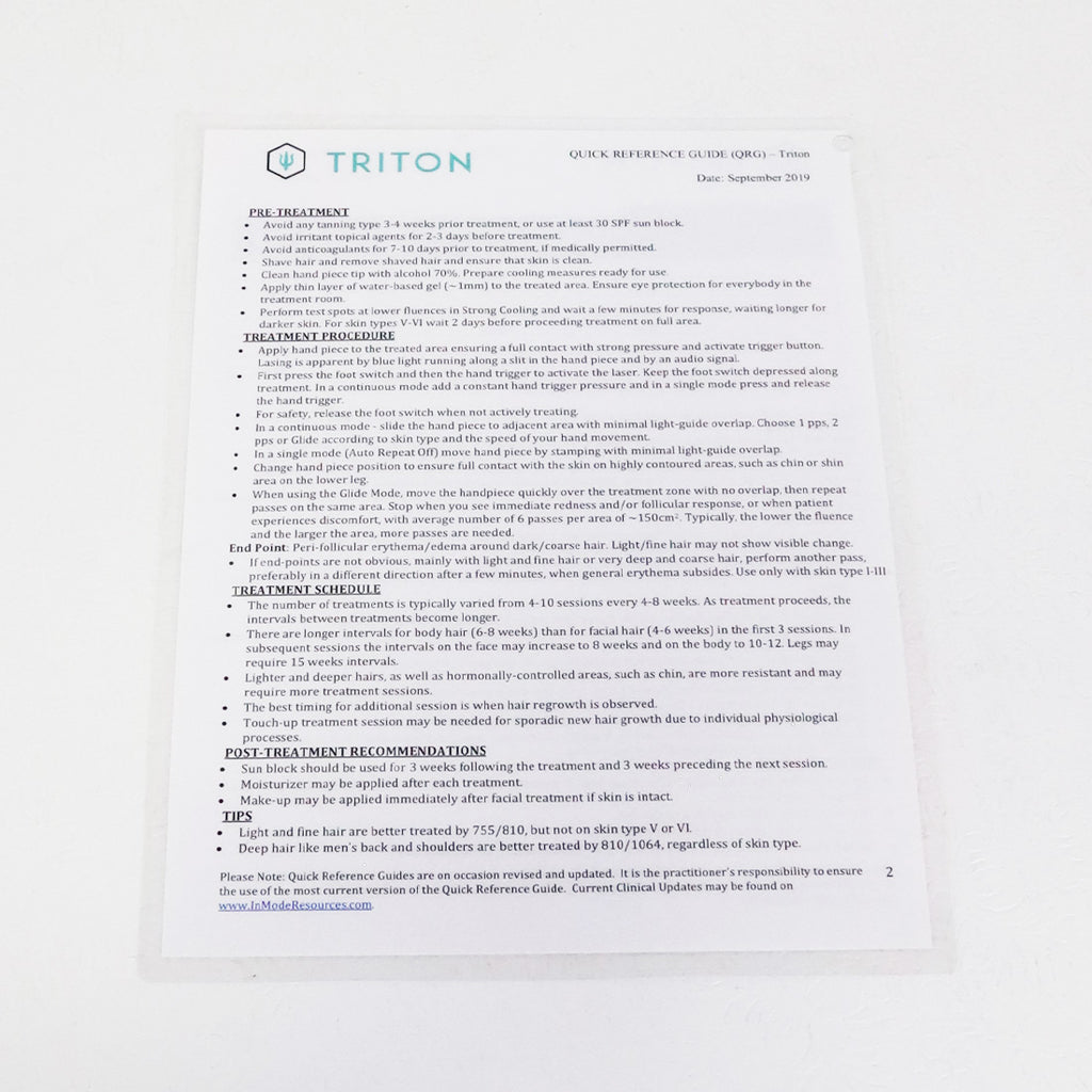 2019 Inmode Triton Quick Reference Guide Laminated Sheet QRG