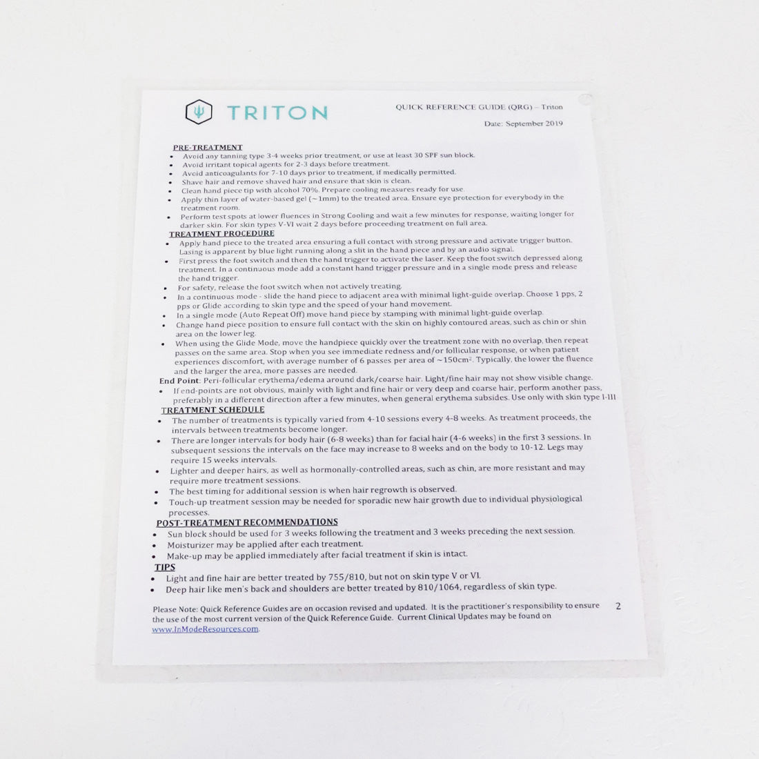 2019 Inmode Triton Quick Reference Guide Laminated Sheet QRG