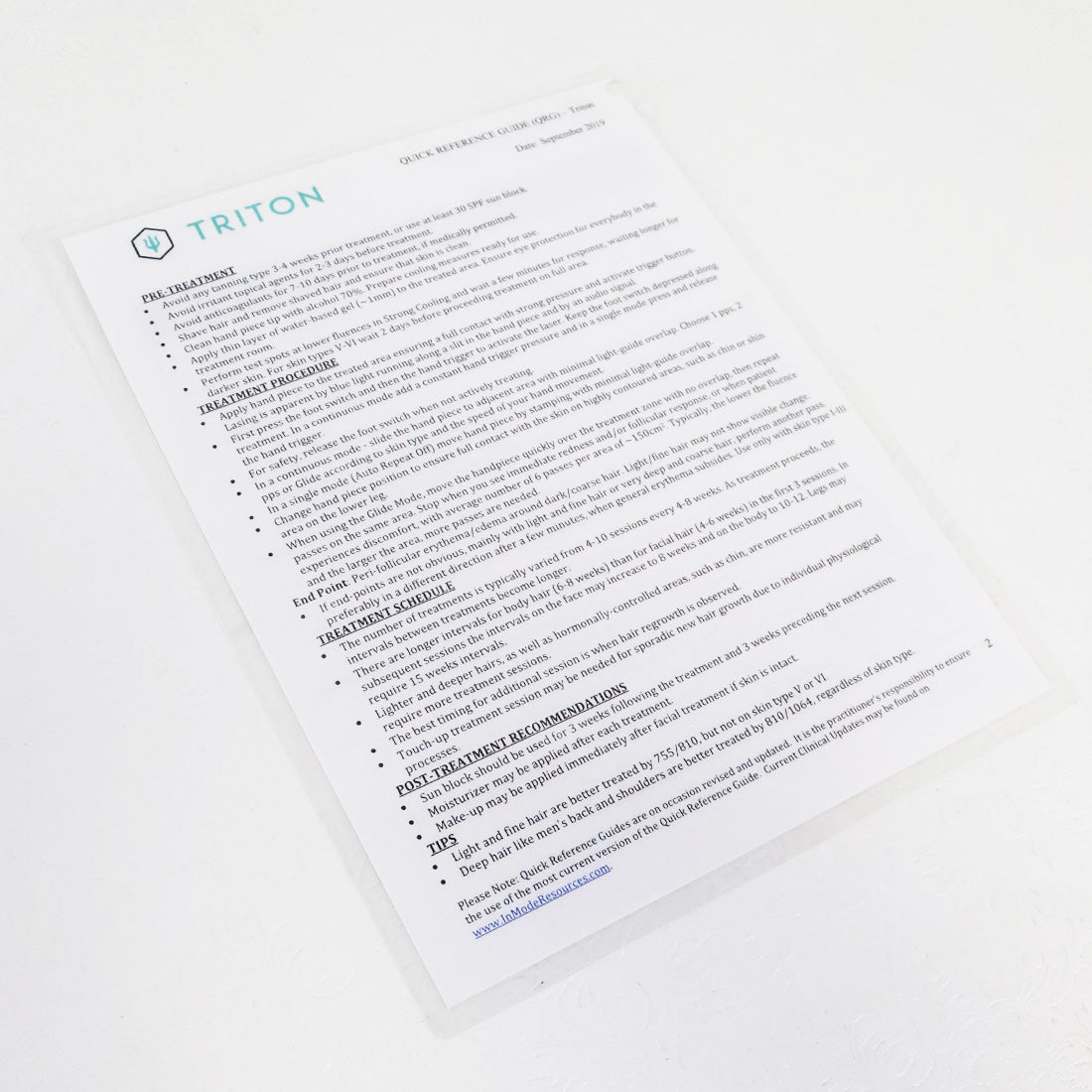 2019 Inmode Triton Quick Reference Guide Laminated Sheet QRG
