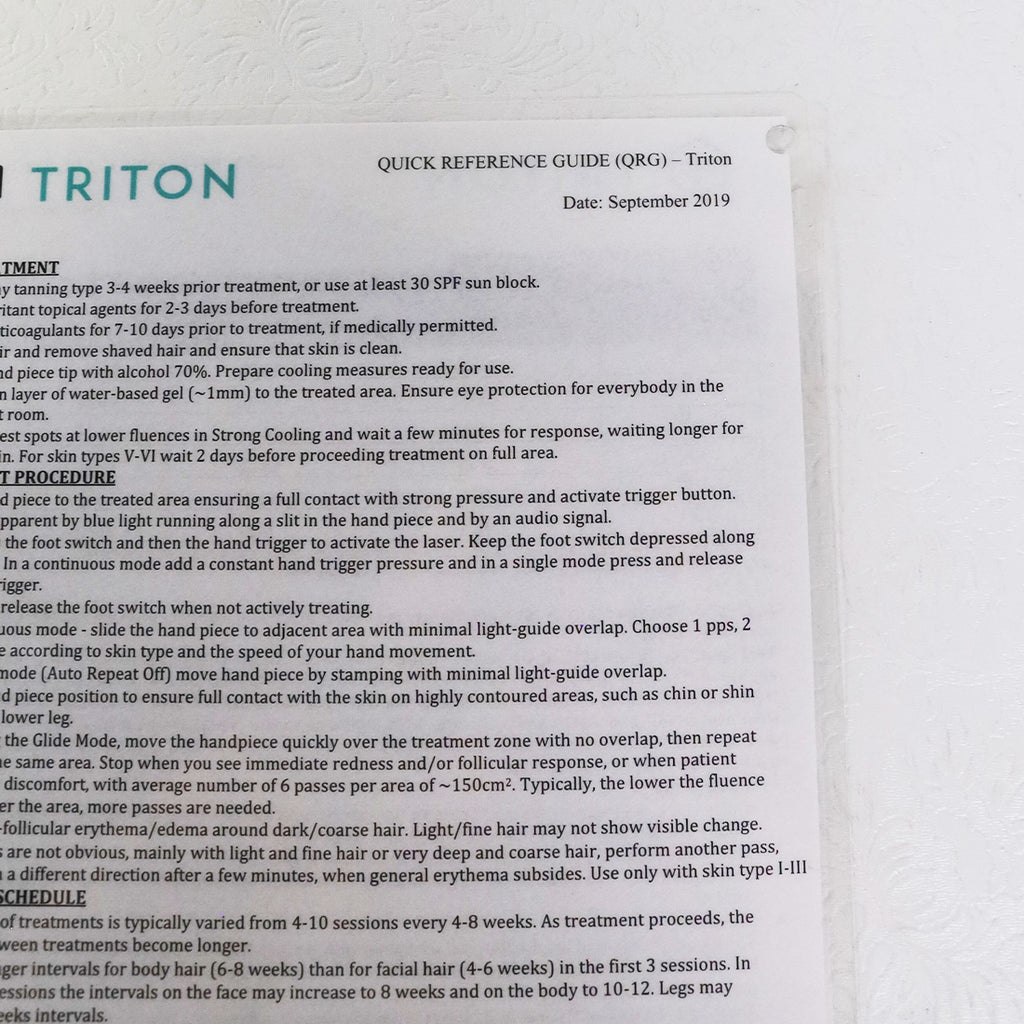 2019 Inmode Triton Quick Reference Guide Laminated Sheet QRG