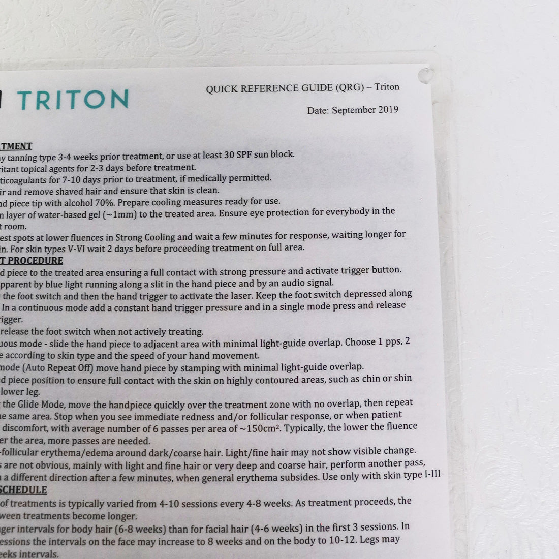 2019 Inmode Triton Quick Reference Guide Laminated Sheet QRG