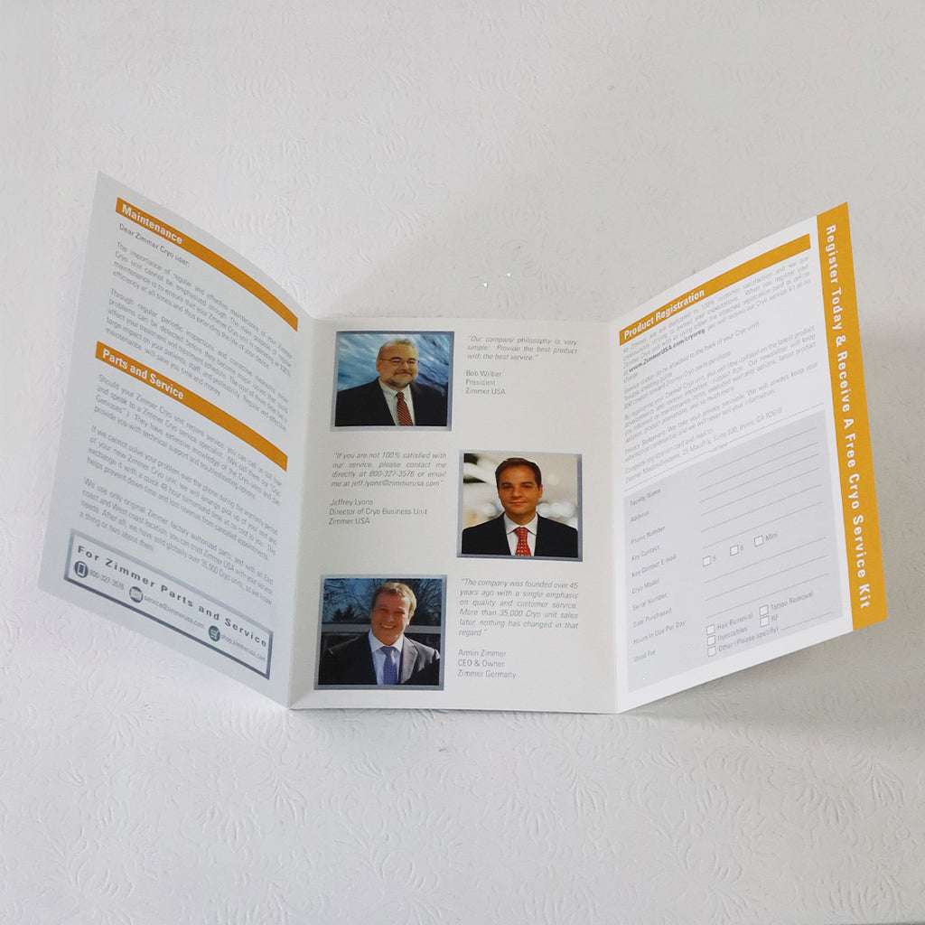 Zimmer Cryo Maintenance Product Registration Parts & Service Tri-Fold Brochure