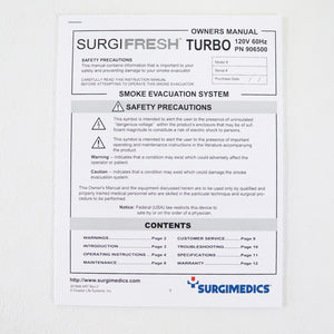 Surgimedics Surgifresh Turbo Owners Manual User Guide Operations