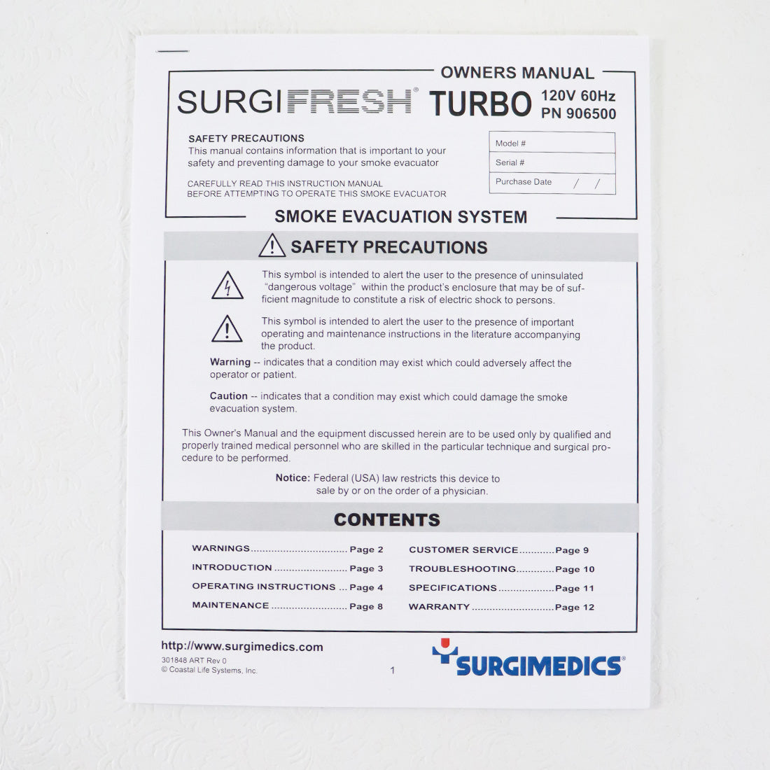 Surgimedics Surgifresh Turbo Owners Manual User Guide Operations