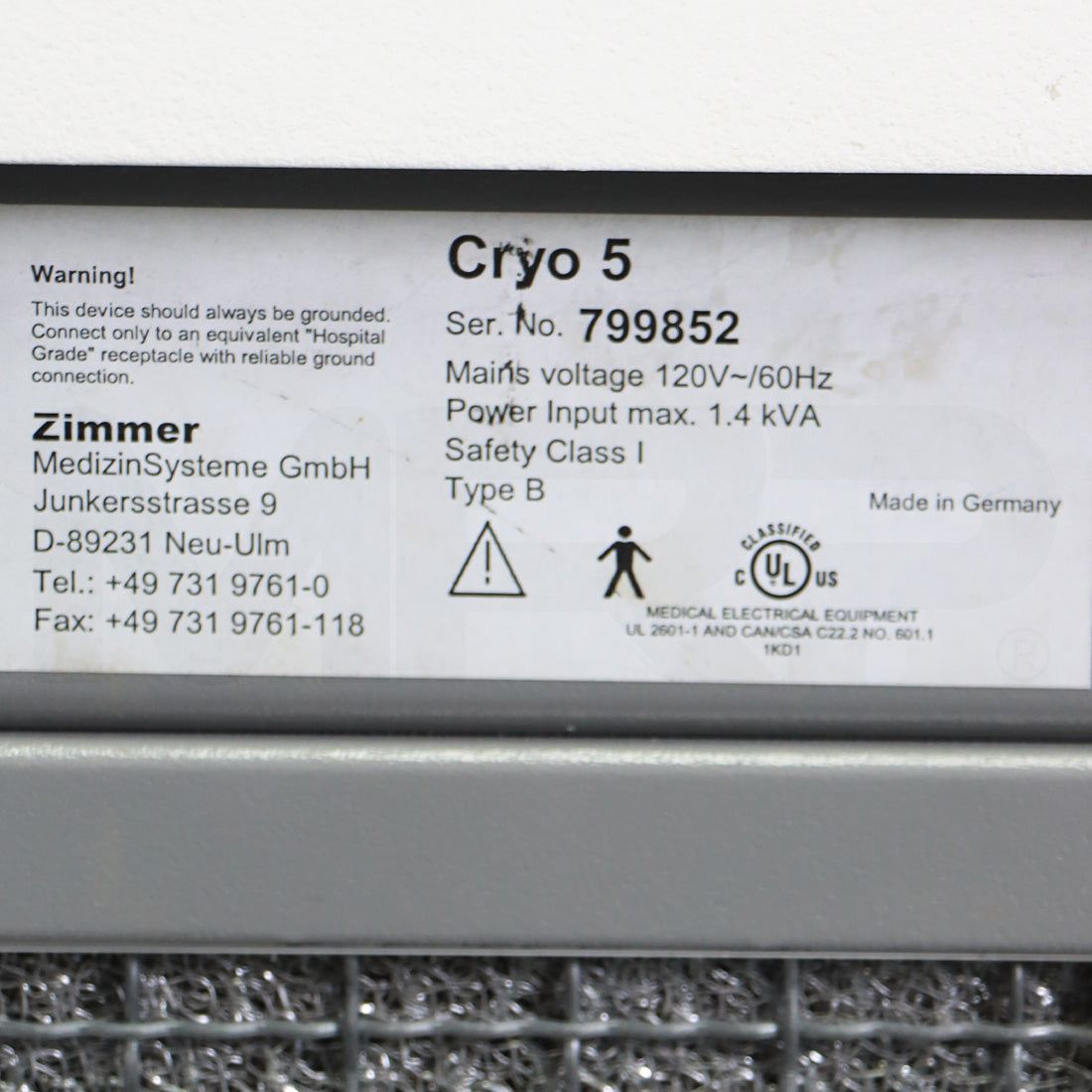 Zimmer Syneron Cryo 5 Patient Therapy Air Chiller System