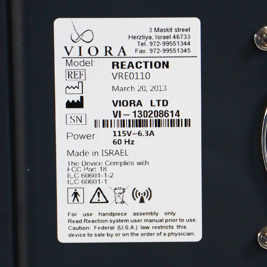 2013 Viora Reaction RF Body Contouring Skin Tightening RadioFrequency VRE0110