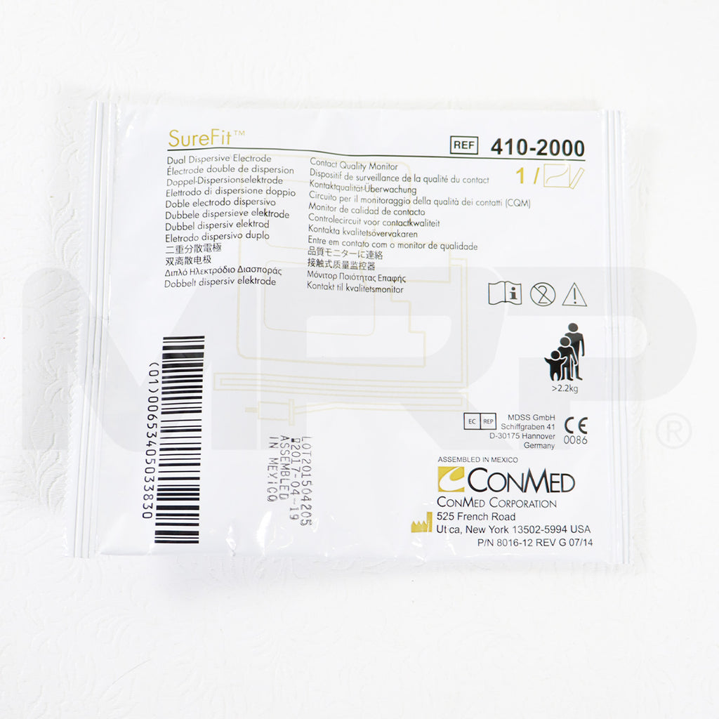 ConMed Sure Fit Dual Dispersive Electrode SureFit Cable 410-2000 EXP 4/19/2017