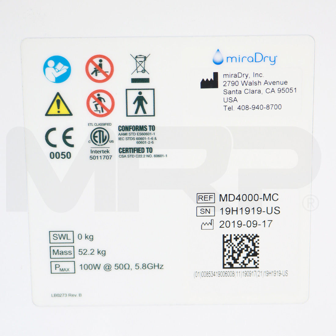2019 Miramarlabs MiraDry MD4000-MC Sweat Odor Reduction Treatment System