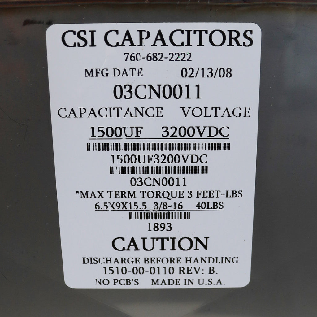 Candela VBeam Laser Capacitor Bank 1500UF 3200VDC 1510-00-0110 CSI Capacitors