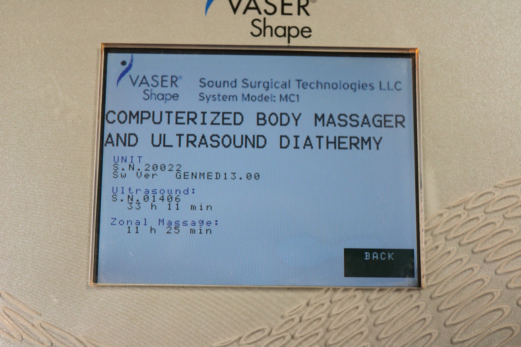 2010 Sound Surgical Vaser Shape MC1 Ultrasound Body Massage Cavitation Diathermy