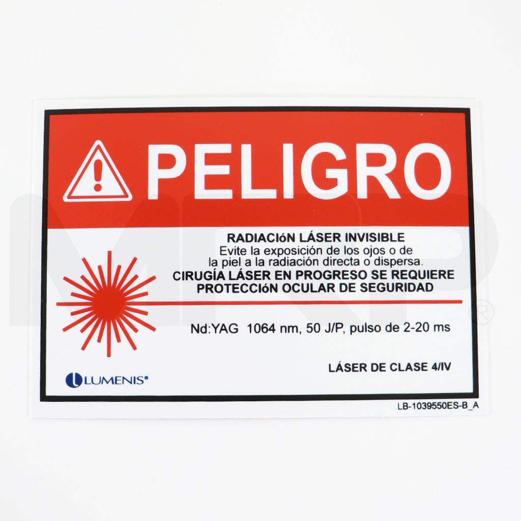 Lumenis Laser DANGER Sign Spanish Safety Eyewear Nd YAG 1064nm 50 J/P LB-1039550ES-B