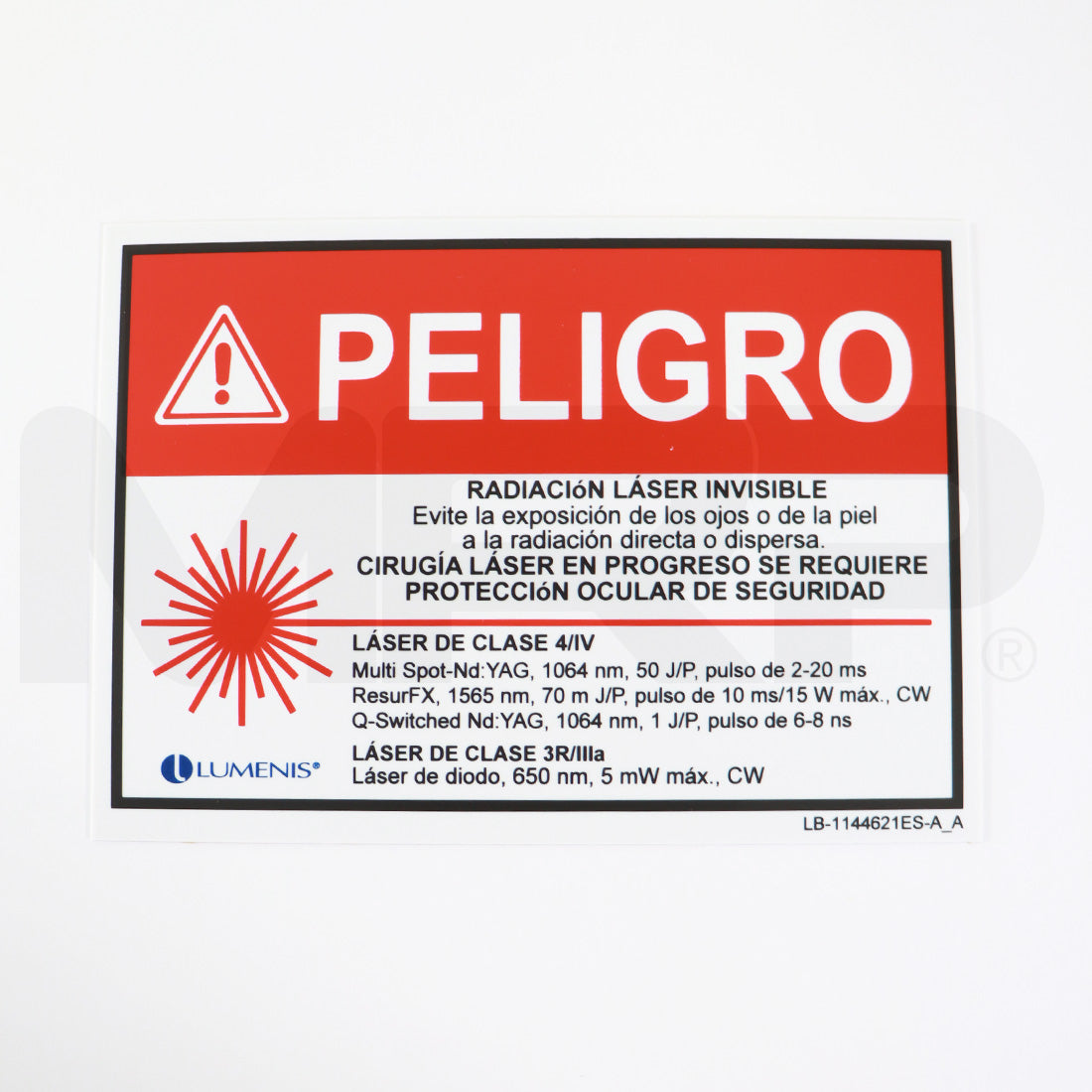 Lumenis Laser DANGER Sign Spanish Safety Eyewear Nd YAG 1064nm 50 J/P LB-1039550ES-A
