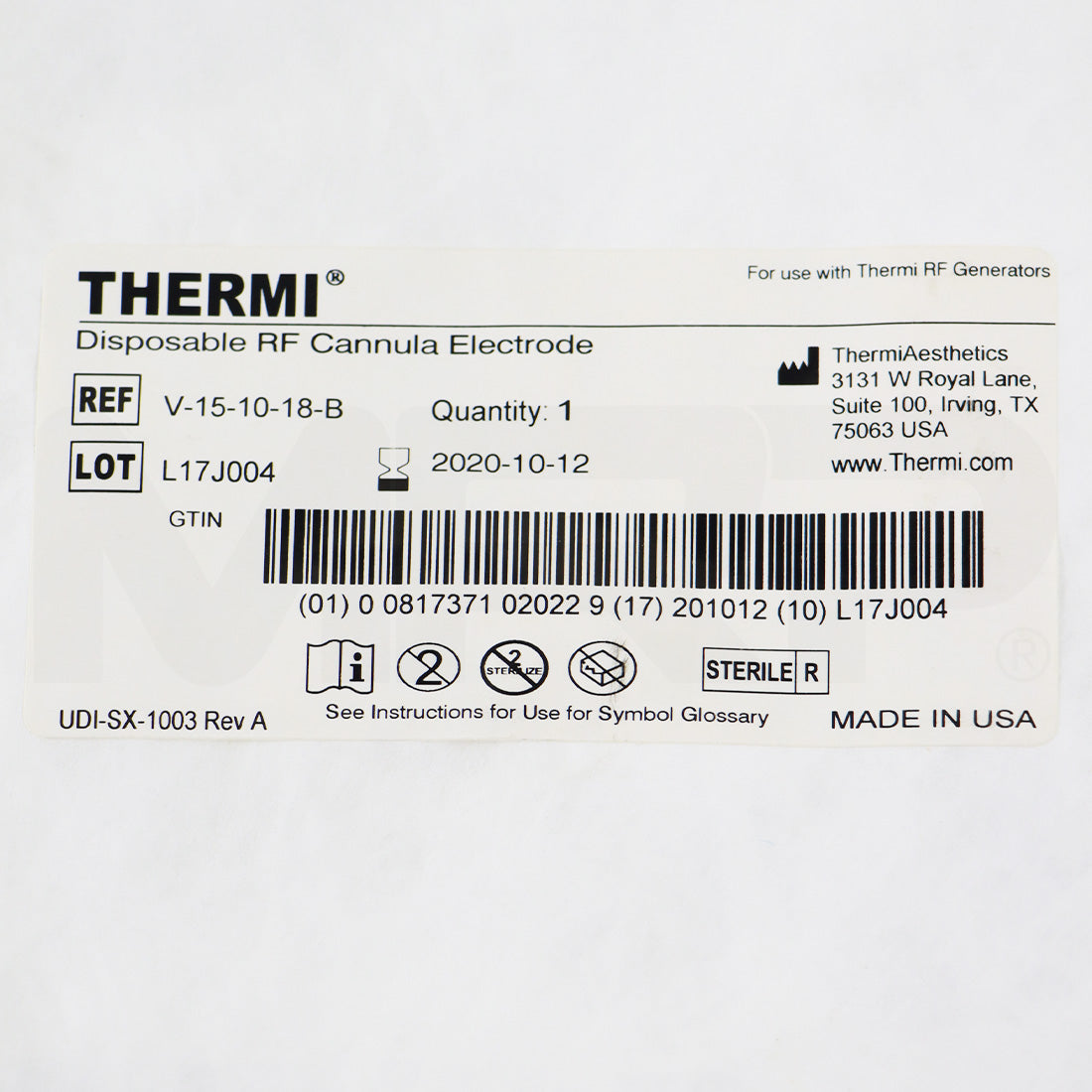 ThermiAesthetics Thermi Disposable RF Cannula Electrode V-15-10-18-B EXP 2020