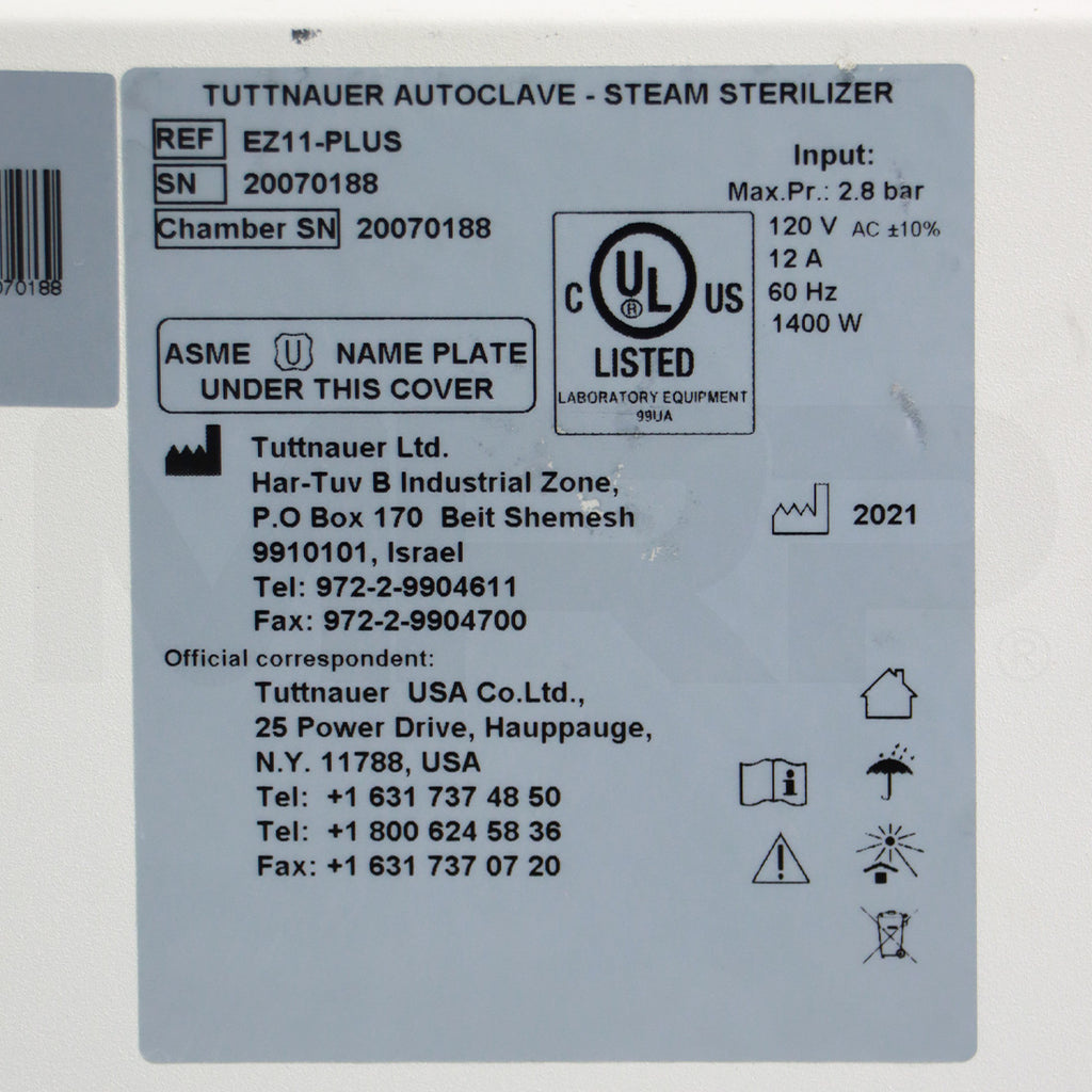 2021 Tuttnauer EZ11PLUS Automatic Autoclave Steam Sterilizer
