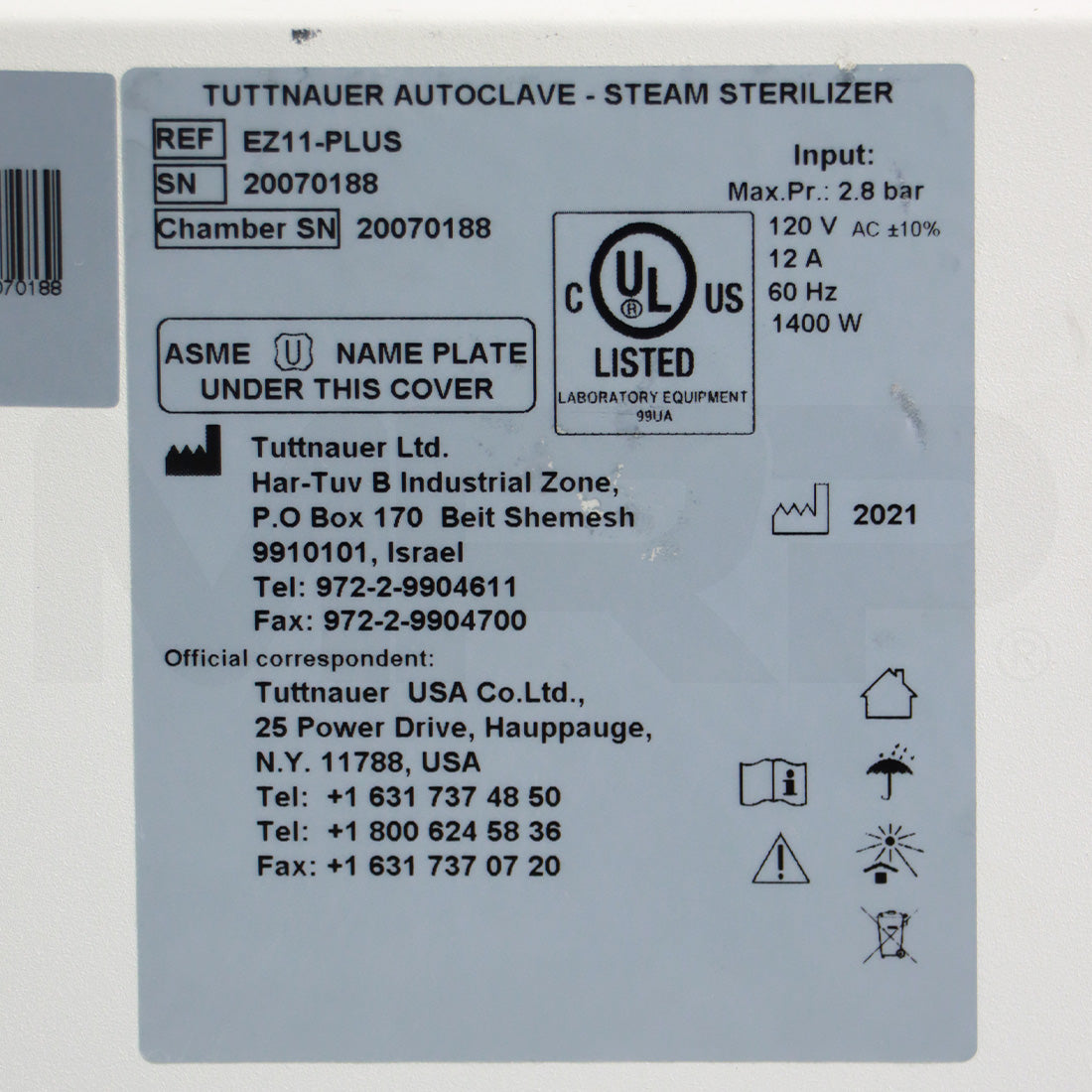 2021 Tuttnauer EZ11PLUS Automatic Autoclave Steam Sterilizer