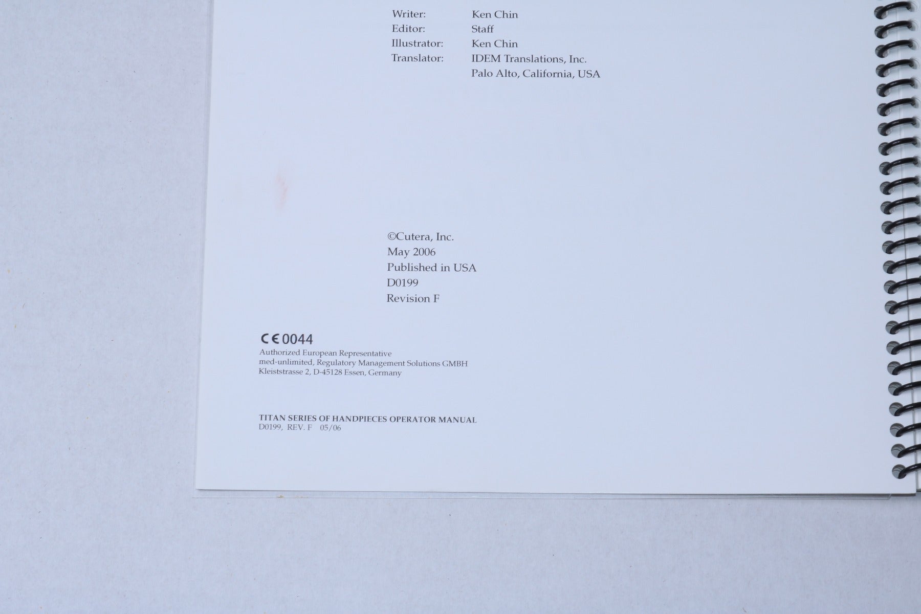 Cutera Xeo Titan Series IPL Handpiece User Operator Manual Parameters D0199