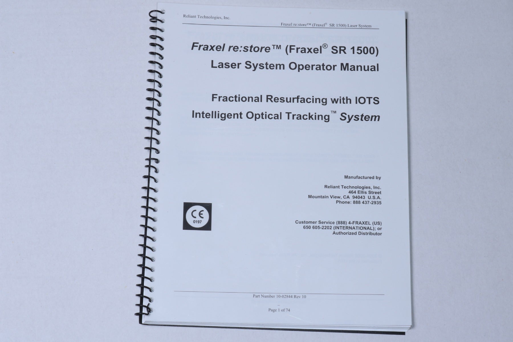 2006 Solta Fraxel Restore SR 1500 Re Store Laser Operator Manual 10-02844 Rev 10