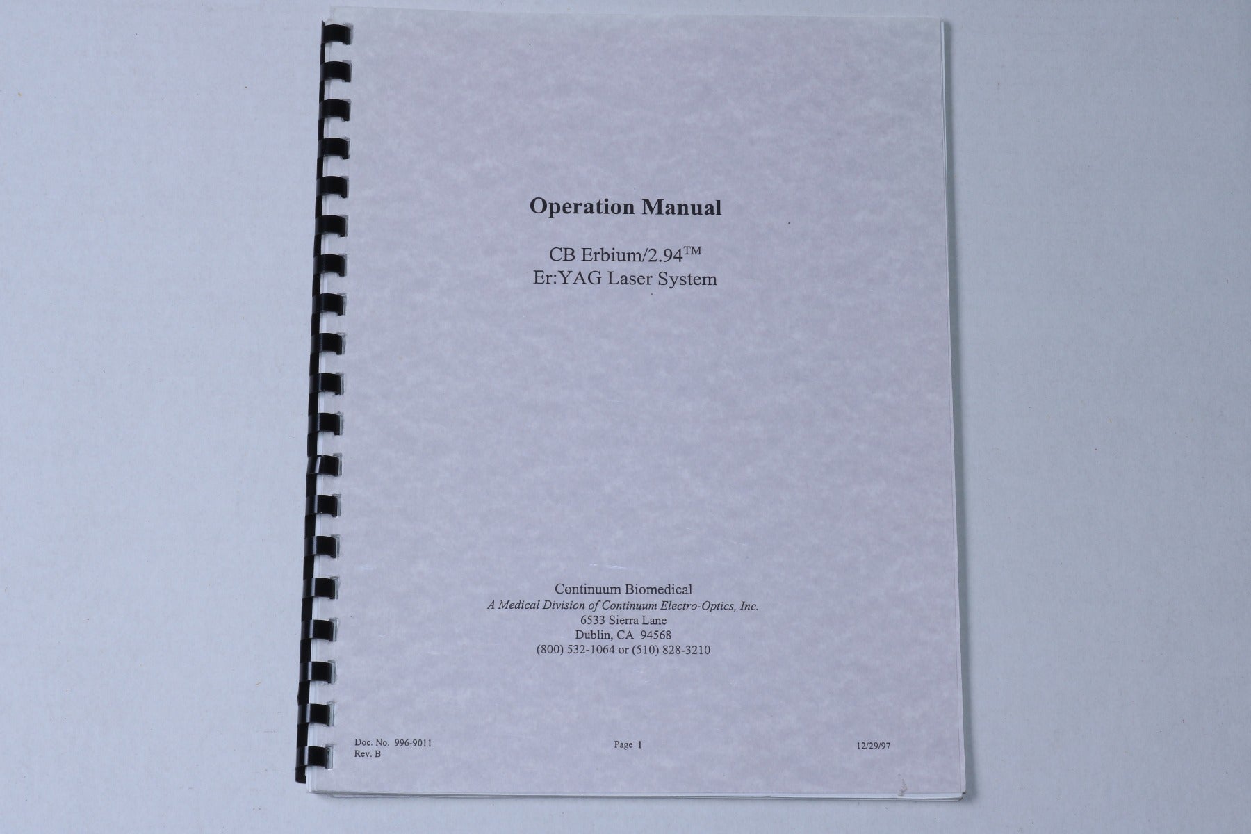 1997 ConBio CB Erbium 2.94 ErYAG 2940 Laser Operator Manual Rev B 996-9011