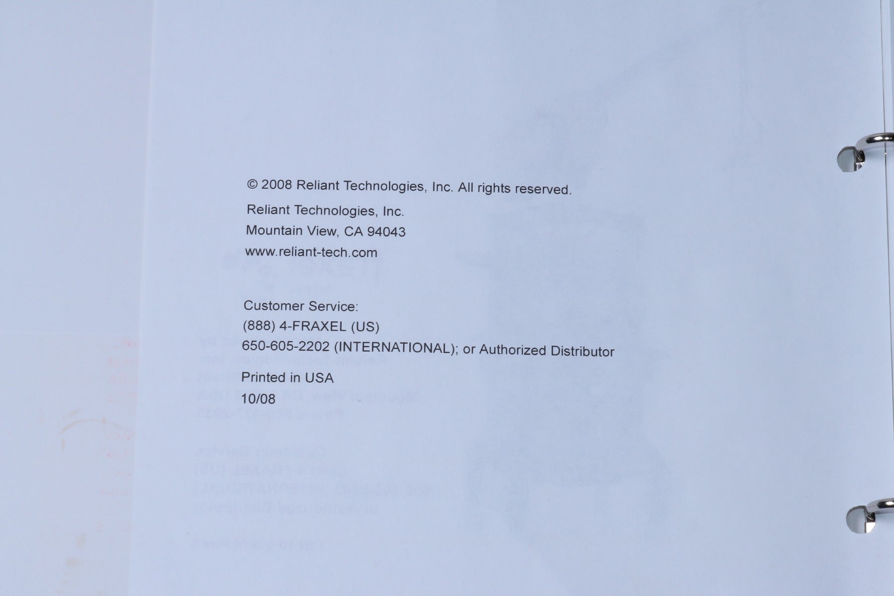 2008 Reliant Fraxel Repair CO2 Re Pair Laser Operator Manual REV 5 10-03974