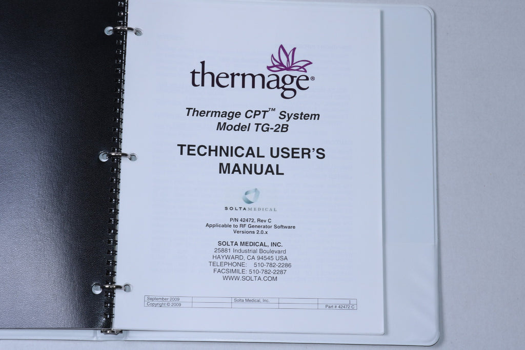 2009 Solta Thermage CPT TG-2B RF Technical User Operator Manual REV A 42472 C