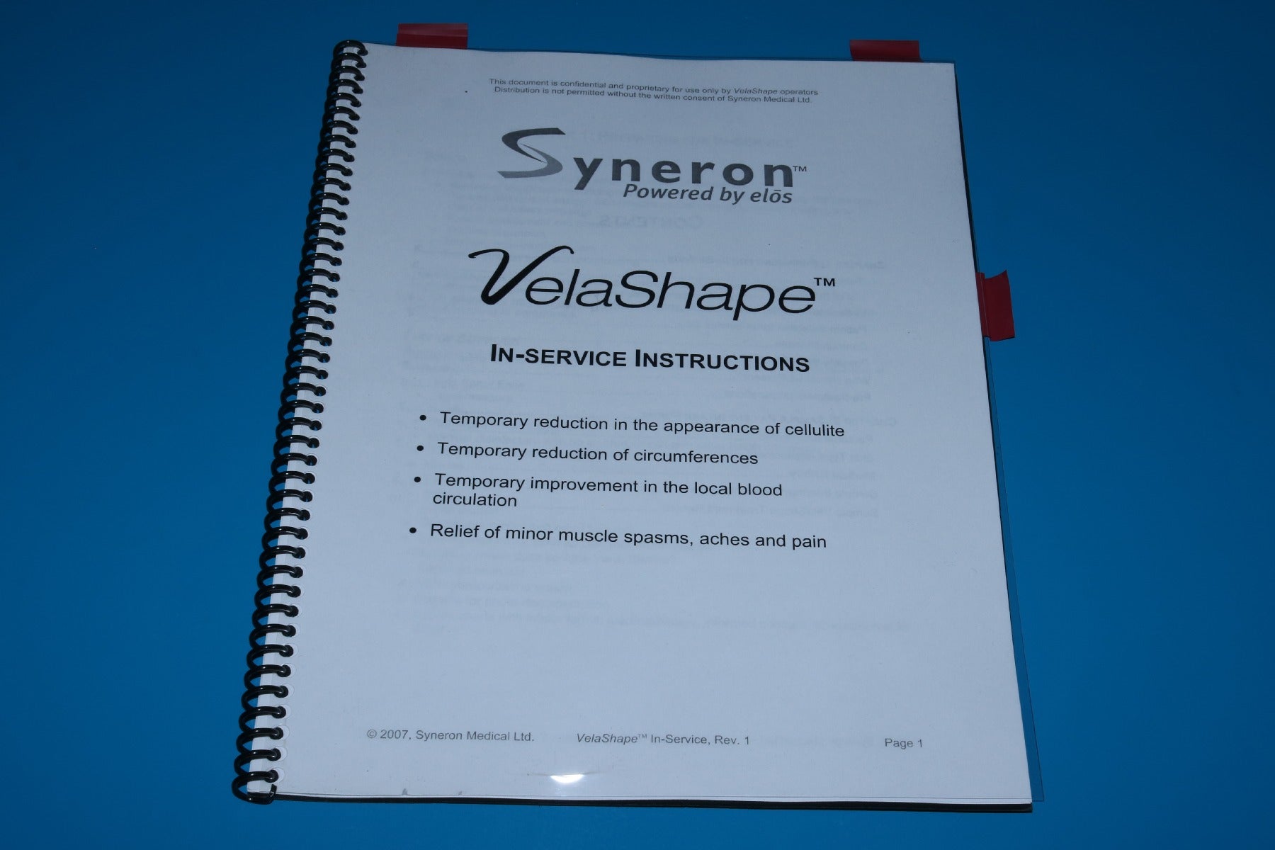 2007 Syneron elos VelaShape RF Cellulite Reduction In-Service Instruction Manual