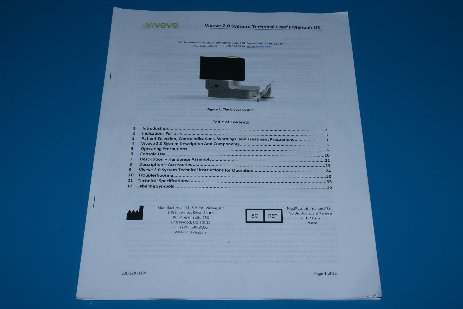 Viveve 2.0 RF Feminine Rejuvenation Technical User Operator Manual LBL-228.D