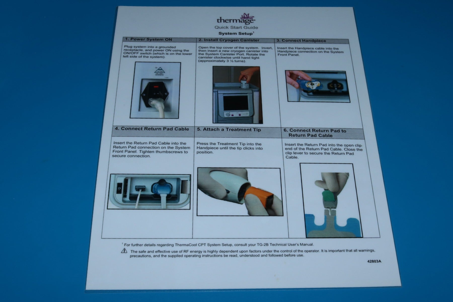 Solta Thermage CPT TG-2B Setup Operation Laminated Quick Start Guide 42803A