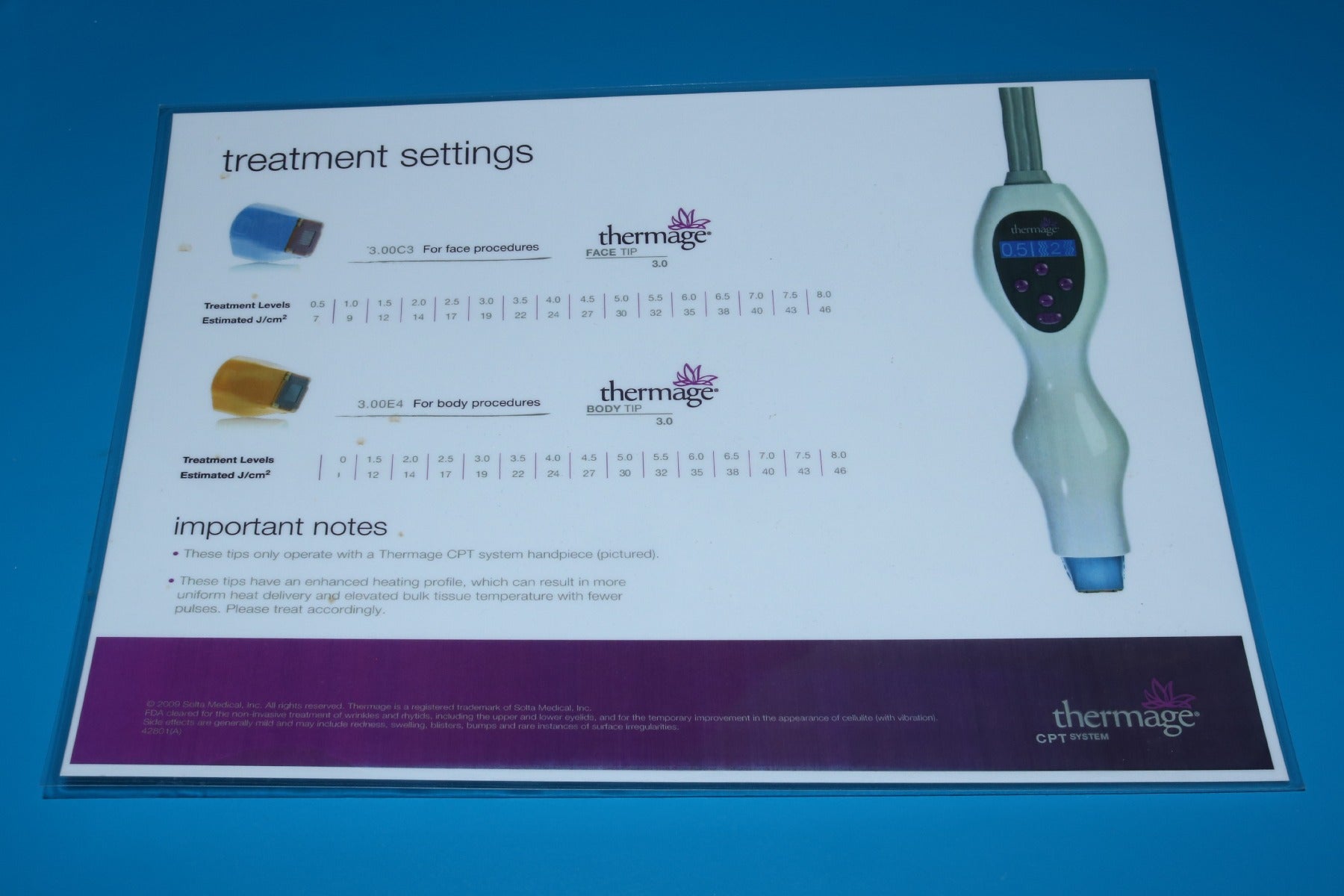 2009 Solta Thermage CPT Face Body C3 E4 Laminated Treatment Settings 42801A