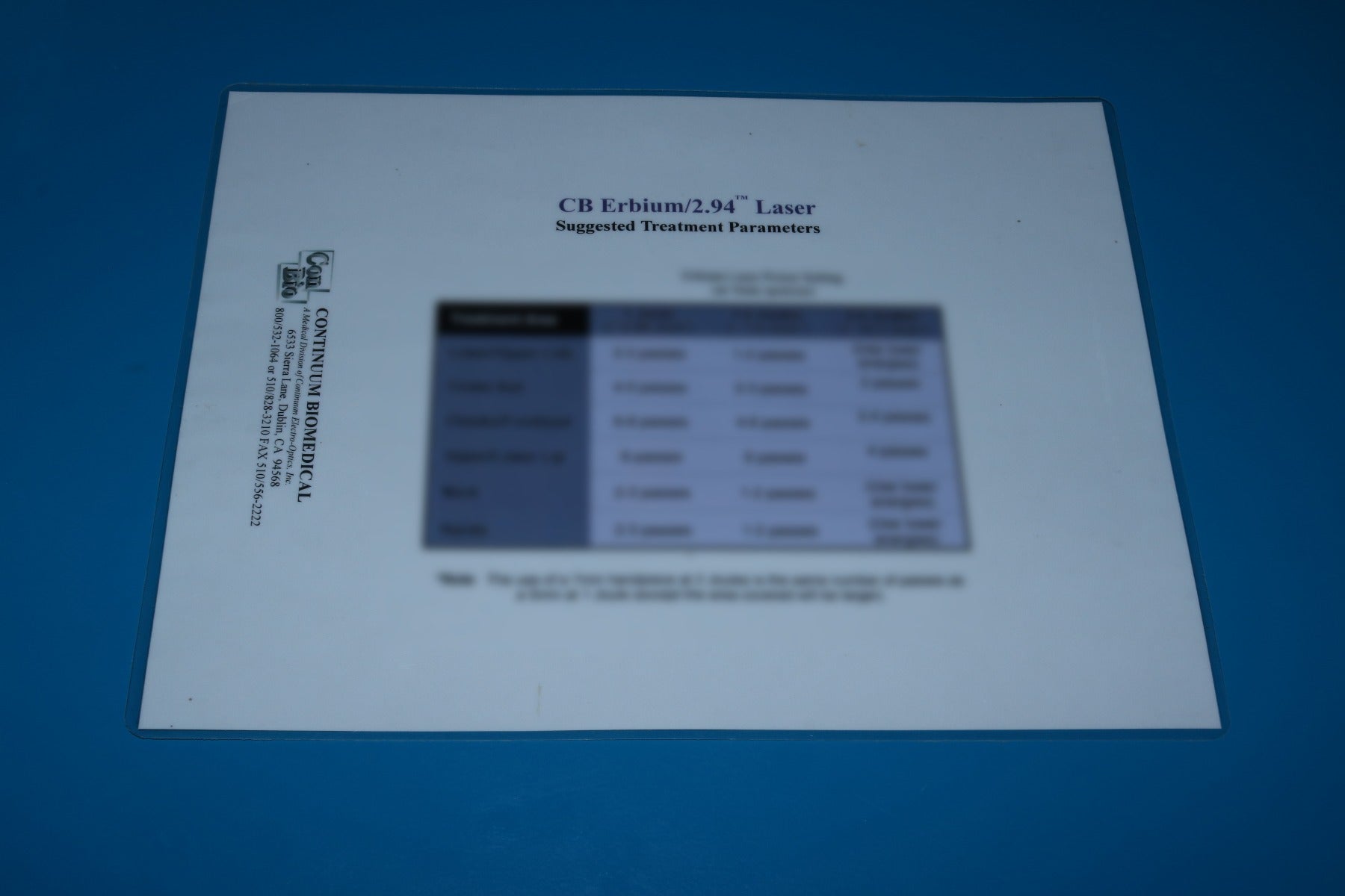 Hoya ConBio CB Erbium/2.94 2940 nm Laser Treatment Settings Conversion Chart