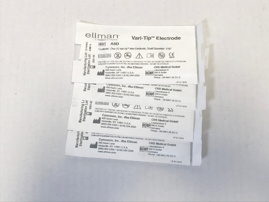 Ellman A8D Pelleve Vari-Tip Electrodes 1/8" Wire 1/16" Shaft 4 Pack EXP 2021