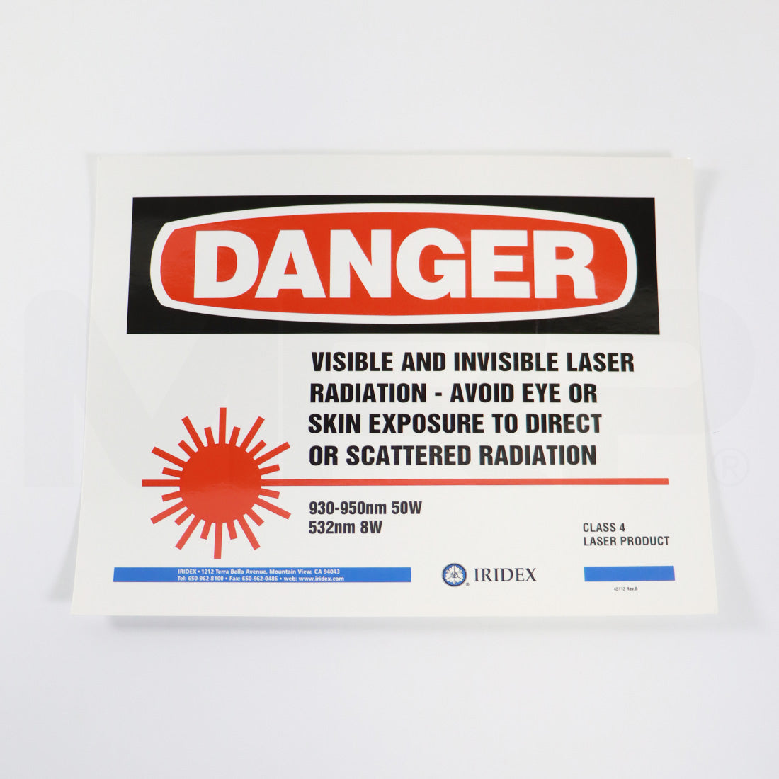Iridex Laser Danger Sign 930-950nm Class 4 Laser Product
