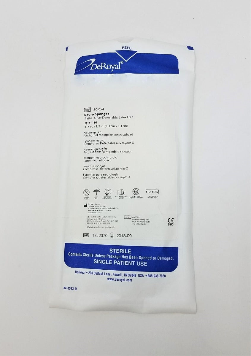 Neuro Sponges 1/2 in x 1/2 in Pattie X-Ray Detectable Latex Free with 200 count