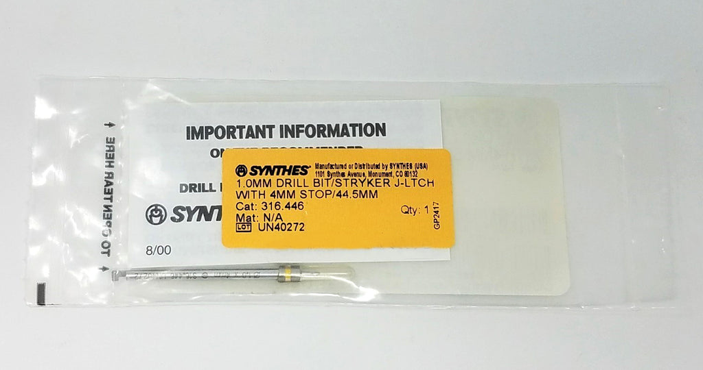 Synthes 316.446 Drill Bit 1.0mm Stryker J-Ltch with 4mm Stop 44.5mm UN40272