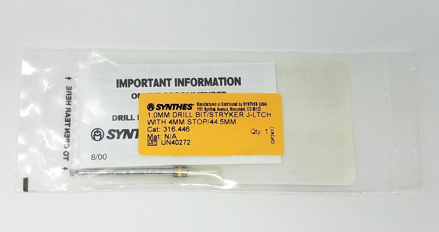 Synthes 316.446 Drill Bit 1.0mm Stryker J-Ltch with 4mm Stop 44.5mm UN40272