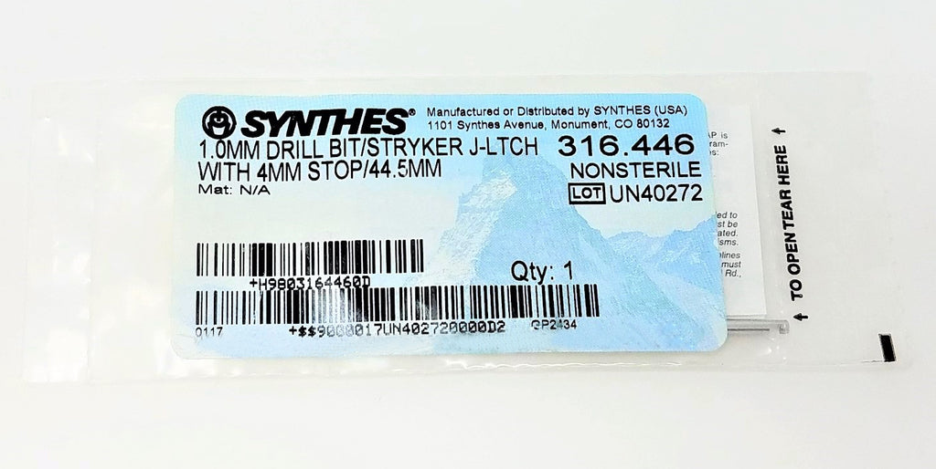 Synthes 316.446 Drill Bit 1.0mm Stryker J-Ltch with 4mm Stop 44.5mm UN40272